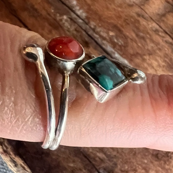 Native American Ring Turquoise Coral Double Gem Wrap Sterling Silver 7.5 - Picture 7 of 8